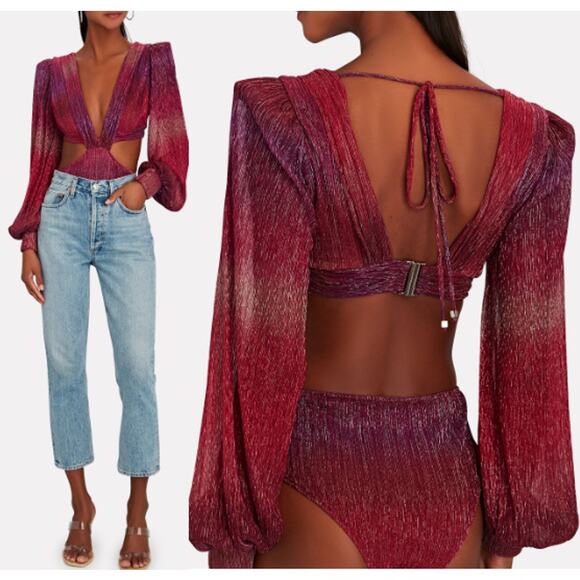 PatBO Ombre Lurex Plunging V-Neck Cut Out Bodysuit Pink Multi Women's Size S - Picture 1 of 8